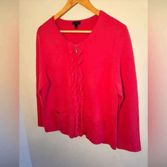 Talbots Hibiscus Pink Cotton Blend Ruffle Front Zip Up Cardigan Sweater Womens L - Picture 3 of 7